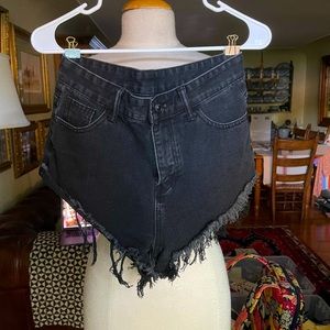 SHEIN black distressed jean shorts with white embroidered flames